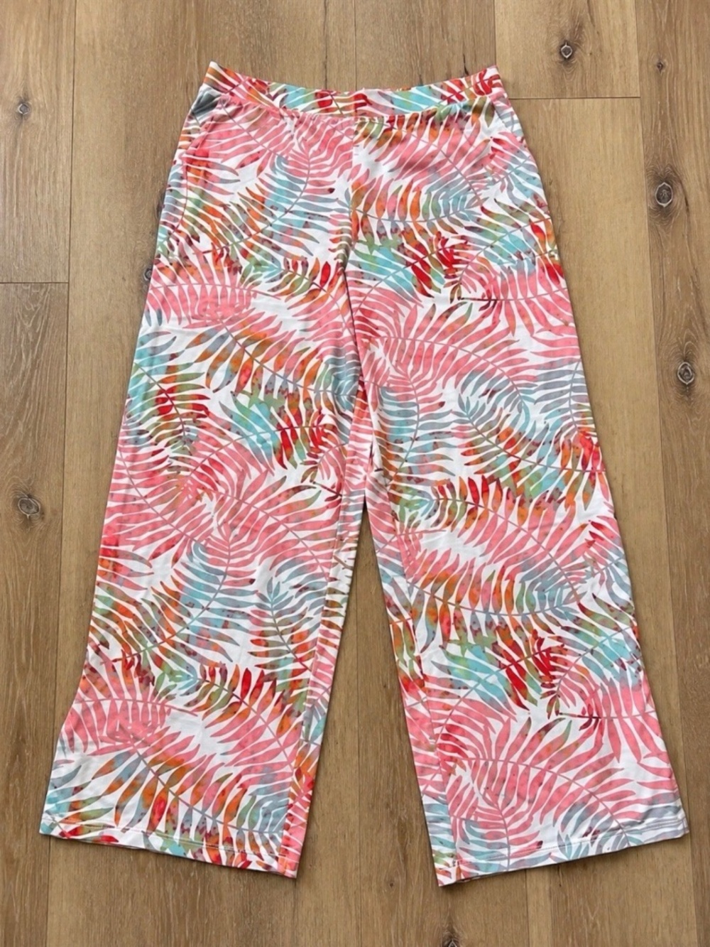 Denim & Co Beach Jersey Pants M Palm Ombre Tropical Wide Leg Pull On Pockets QVC